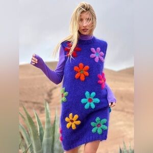 ROSE CARMINE Dress No Sleeves 3D Free Flowers Mohair Wool Handmade One Size NWT